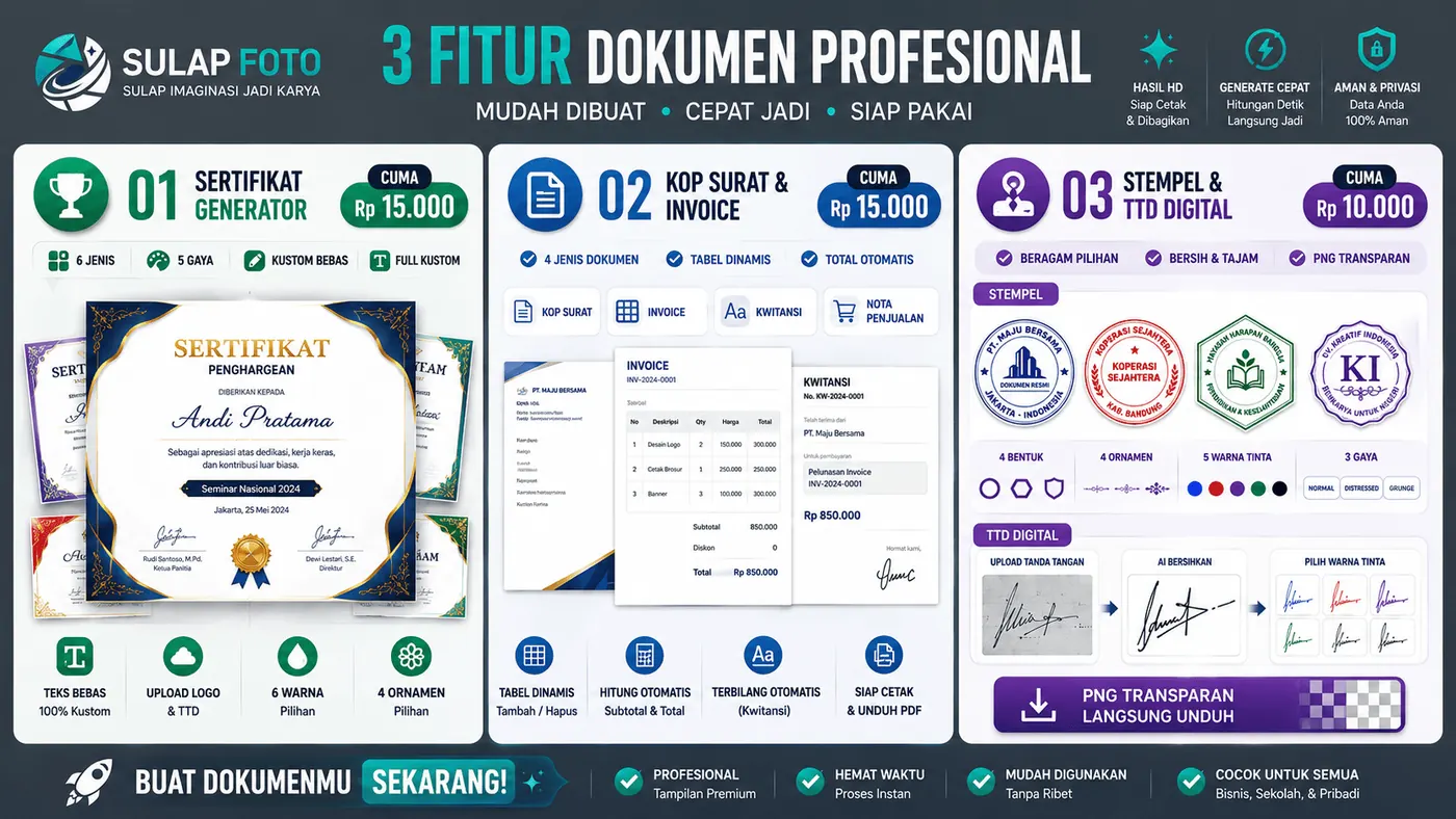 3 Fitur Dokumen Profesional: Sertifikat, Kop Surat & Invoice, Stempel & TTD