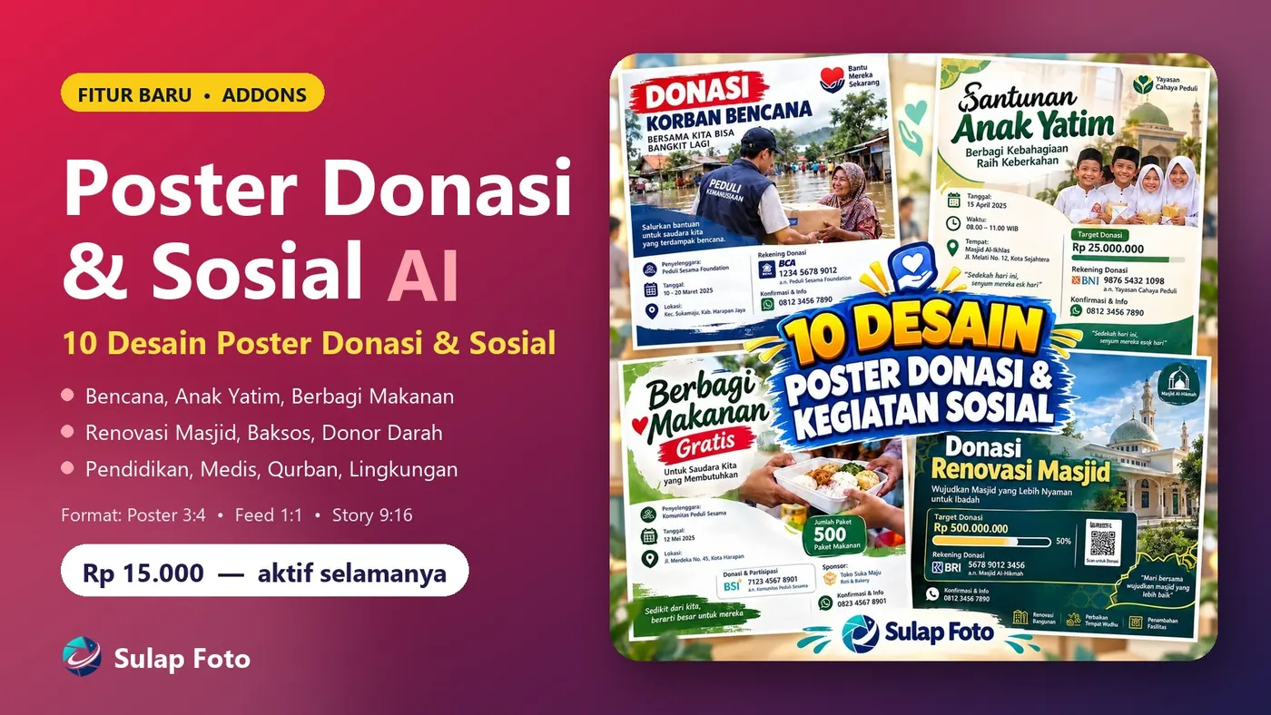 Fitur Baru: Poster Donasi AI — 10 Desain Poster Donasi & Kegiatan Sosial
